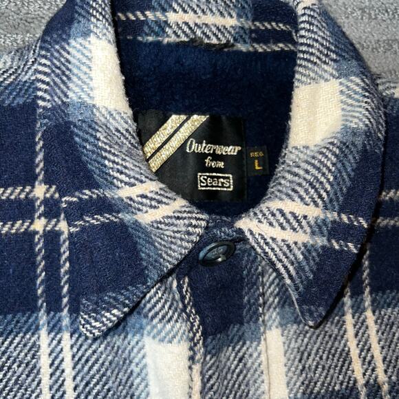 VINTAGE QUALITY SEARS Plaid FLEECE LINED Shirt shacket Jacket blue  men sz Large - Picture 5 of 8